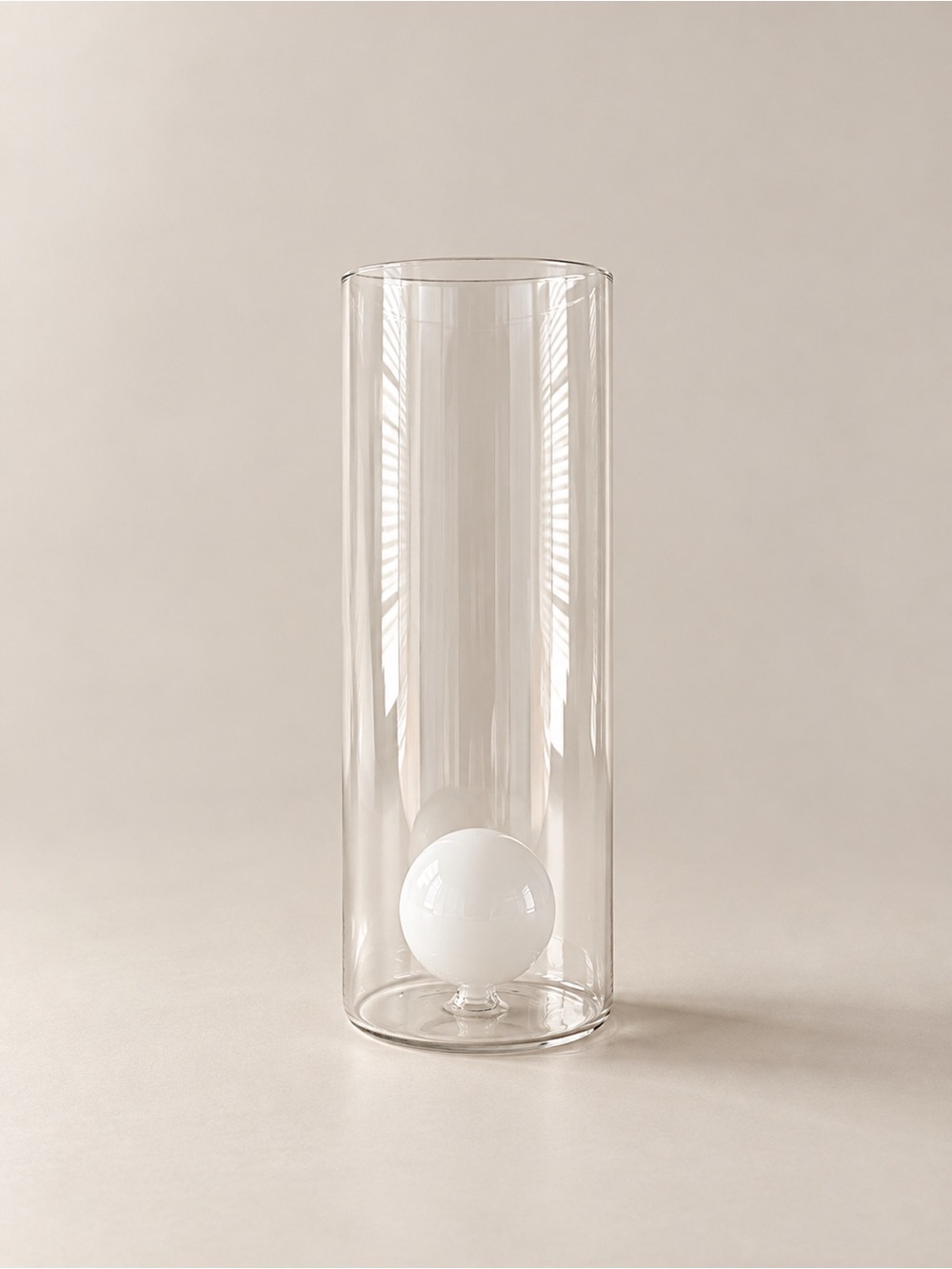 IKEA Clear Glass Cylinder Vase with White Sphere Accent – Modern Minimalist